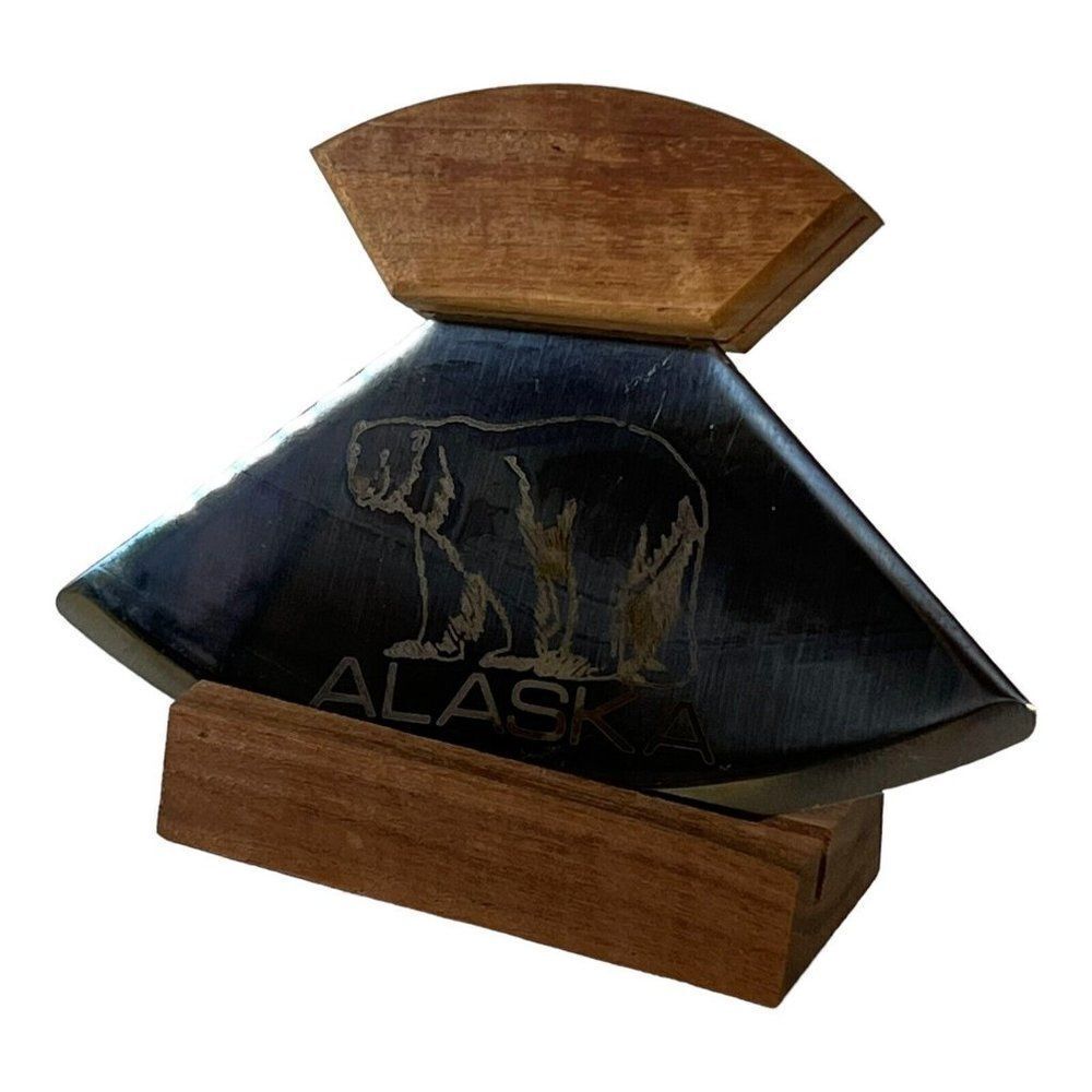 Souvenir Alaskan Ulu Knife With Stand Polar Bear Alaska Wood Handle & Base Stand
